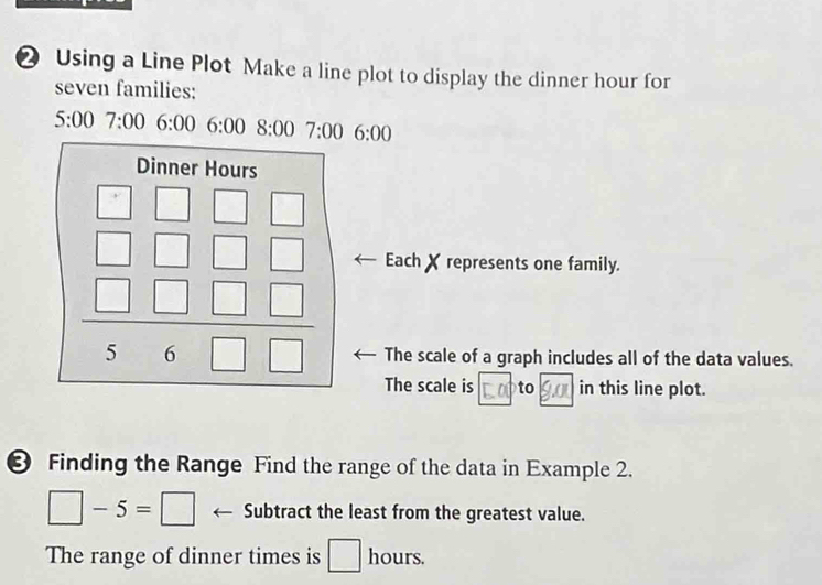 ② Using a Line Plot Make a line plot to display the dinner hour for
seven families:
5:00 7:00 6:00 6:00 8:00 7:00 6:00
Each Xrepresents one family.
The scale of a graph includes all of the data values.
The scale is to in this line plot.
❸ Finding the Range Find the range of the data in Example 2.
□ -5=□ Subtract the least from the greatest value.
The range of dinner times is □ hours.