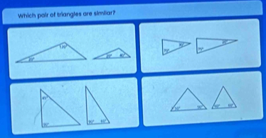 Which pair of triangles are similar?
overline BC
B_j
5° 17°
70° n?
n^2
OC 90° 60° 49°
30° 10°
BC