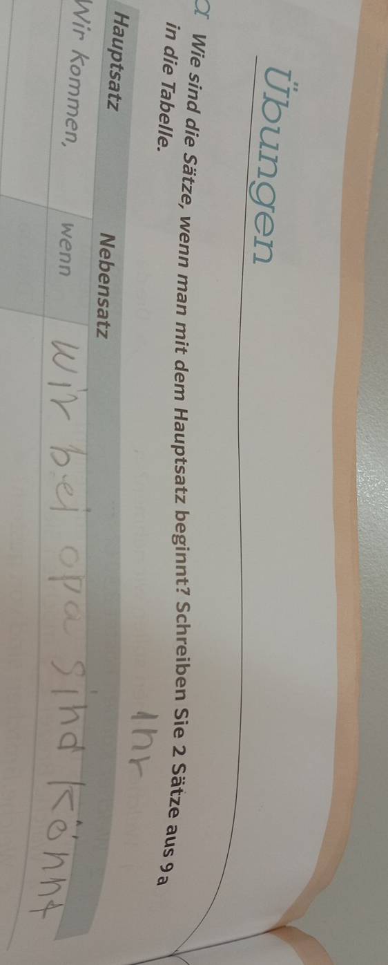 Übungen 
O Wie sind die Sätze, wenn man mit dem Hauptsatz beginnt? Schreiben Sie 2 Sätze aus 9a
in die Tabelle. 
Hauptsatz Nebensatz 
Wir Kommen, wenn