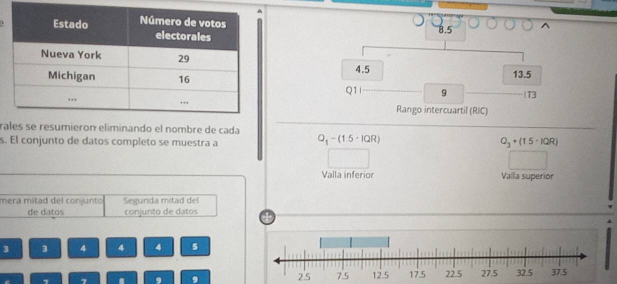 ' 8.5
4.5
13.5
Q1
9 
T3 
Rango intercuartil (RIC) 
rales se resumierón elíminando el nombre de cada
Q_1
s. El conjunto de datos completo se muestra a - (1.5 · IQR)
Q_3+(1.5· IQR)
Valla inferior Valla superior 
mera mitad del conjunto Segunida mitad del 
de datos conjunto de datos 
a
3 3 4 4 4 5
7 8 9
2.5