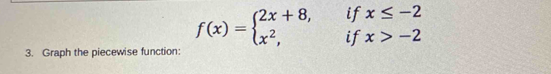 f(x)=beginarrayl 2x+8,ifx≤ -2 x^2,ifx>-2endarray.
3. Graph the piecewise function: