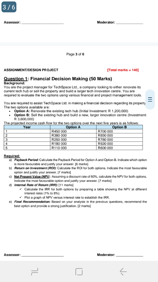 3 / 6 
Assessor: _Moderator:_ 
Page 3 of 6 
ASSIGNMENT/DESIGN PROJECT [Total marks = 140] 
Question 1: Financial Decision Making (50 Marks) 
Background: 
You are the project manager for TechSpace Ltd., a company looking to either renovate its 
current tech hub or sell the property and build a larger tech innovation centre. You are 
required to evaluate the two options using various financial and project management tools. 

You are required to assist TechSpace Ltd. in making a financial decision regarding its property 
The two options available are: 
Option A: Renovate the existing tech hub (Initial Investment: R 1,200,000) 
Option B: Sell the existing hub and build a new, larger innovation centre (Investment:
R 3,600,000) 
The proted income cash flow for the two options over the next five years is as follows: 
Required: 
a) Payback Period: Calculate the Payback Period for Option A and Option B. Indicate which option 
is more favourable and justify your answer. [6 marks] 
b) Return on Investment (ROI): Calculate the ROI for both options. Indicate the most favourable 
option and justify your answer. [7 marks] 
c) Net Present Value (NPV): Assuming a discount rate of 60%, calculate the NPV for both options. 
Indicate the most favourable option and justify your answer. [7 marks] 
d) Internal Rate of Return (IRR): [11 marks] 
Calculate the IRR for both options by preparing a table showing the NPV at different 
interest rates (1% to 8%). 
Plot a graph of NPV versus interest rate to establish the IRR. 
e) Final Recommendation: Based on your analysis in the previous questions, recommend the 
best option and provide a strong justification. [2 marks] 
Assessor:_ Moderator:_