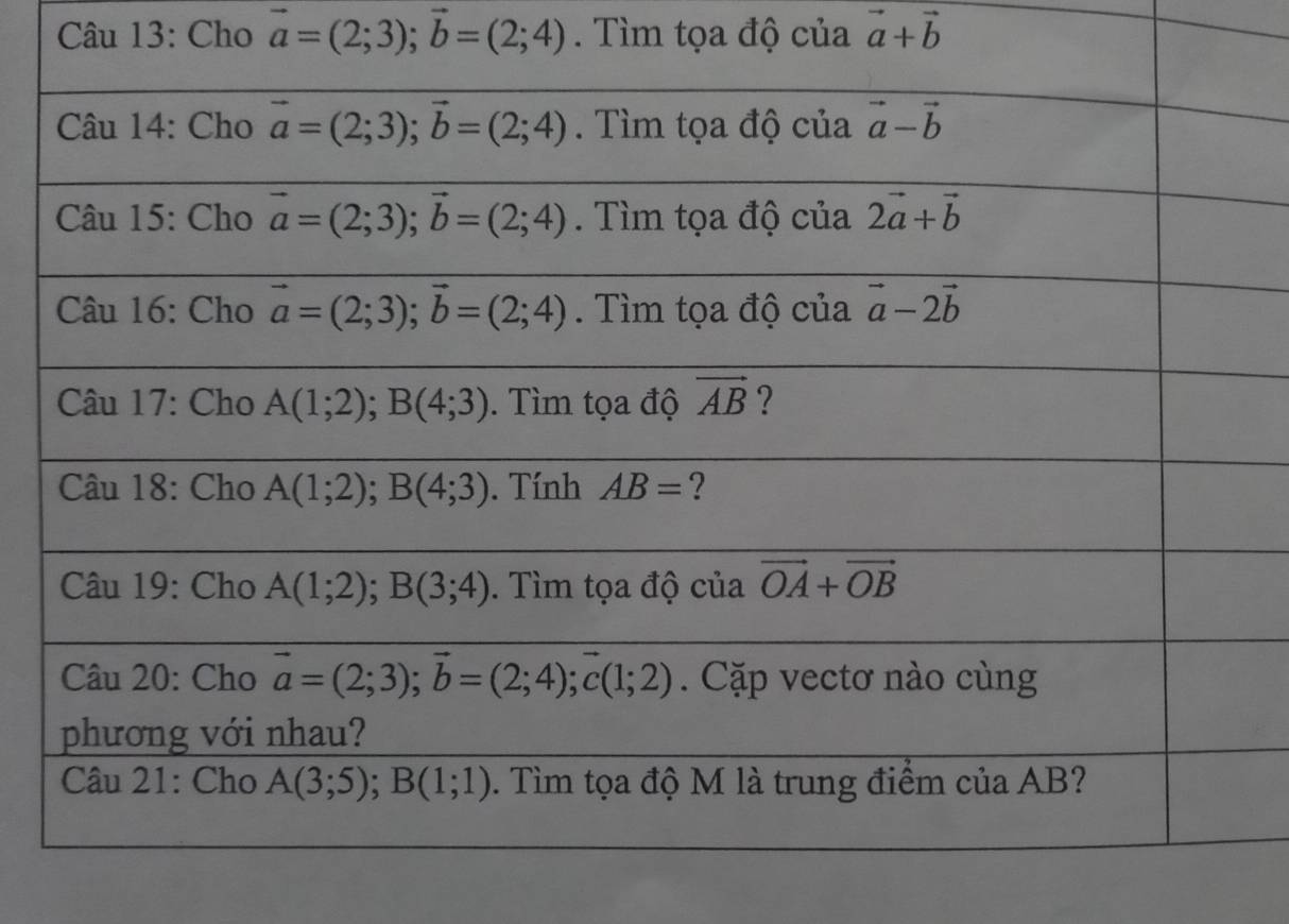 Cho vector a=(2;3);vector b=(2;4). Tìm tọa độ của vector a+vector b