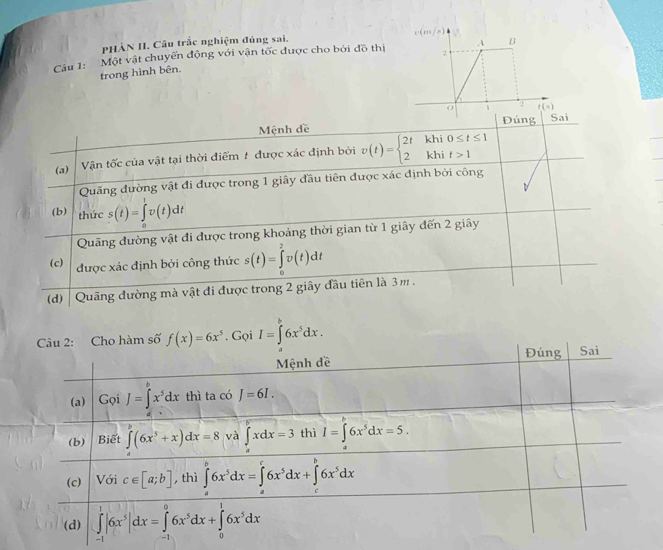 PHÀN II. Câu trắc nghiệm đúng sai. . (m/s)
Cu 1:  Một vật chuyển động với vận tốc được cho bởi đồ thị 2 A B
trong hình bên.
O 2 t(s)
Mệnh đề Đúng Sai
(a) Vận tốc của vật tại thời điểm t được xác định bởi v(t)=beginarrayl 2t 2endarray. beginarrayr khi0≤ t≤ 1 khit>1endarray
Quãng đường vật đi được trong 1 giây đầu tiên được xác định bởi công
(b) thức s(t)=∈tlimits _0^(1v(t)dt
Quãng đường vật đi được trong khoảng thời gian từ 1 giây đến 2 giây
(c) được xác định bởi công thức s(t)=∈tlimits _0^2v(t)dt
(d)  Quãng đường mà vật đi được trong 2 giây đầu tiên là 3m .
I=∈tlimits _a^b6x^5)dx.