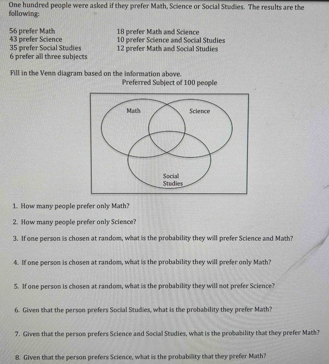 One hundred people were asked if they prefer Math, Science or Social Studies. The results are the 
following:
56 prefer Math 18 prefer Math and Science
43 prefer Science 10 prefer Science and Social Studies
35 prefer Social Studies 12 prefer Math and Social Studies
6 prefer all three subjects 
Fill in the Venn diagram based on the information above. 
Preferred Subject of 100 people 
1. How many people prefer only Math? 
2. How many people prefer only Science? 
3. If one person is chosen at random, what is the probability they will prefer Science and Math? 
4. If one person is chosen at random, what is the probability they will prefer only Math? 
5. If one person is chosen at random, what is the probability they will not prefer Science? 
6. Given that the person prefers Social Studies, what is the probability they prefer Math? 
7. Given that the person prefers Science and Social Studies, what is the probability that they prefer Math? 
8. Given that the person prefers Science, what is the probability that they prefer Math?