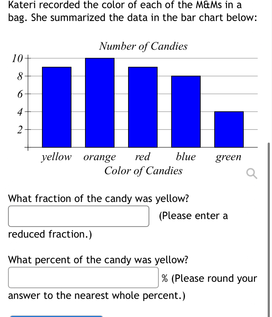 Kateri recorded the color of each of the M&Ms in a 
bag. She summarized the data in the bar chart below: 
Number of Candies 
Color of Candies 
What fraction of the candy was yellow? 
(Please enter a 
reduced fraction.) 
What percent of the candy was yellow?
% (Please round your 
answer to the nearest whole percent.)