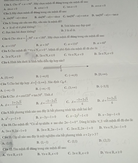 Chơ 0° <90°. Hãy chọn mệnh đề đúng trong các mệnh đề sau:
A. sin alpha <0</tex> B. cot alpha >0 C. tan alpha <0</tex> D. cos alpha <0</tex>
Cầu 2.Hãy chọn mệnh đề đúng trong các mệnh đề sau:
A. sin (90°-alpha )=sin alpha B. sin (90°-alpha )=-sin alpha C. tan (90°-alpha )=cot alpha D. tan (90°-alpha )=-tan alpha
Câu 3. Trong các câu sau đây, câu nào là mệnh đề?
A. π là số vô tỉ phải không? B. Trời hôm nay đẹp quá!
C. Bạn làm bài được không? D. 3 là số lè.
Câu 4. Cho sin alpha = 1/2 ,90° <180°. Hãy chọn mệnh đề đúng trong các mệnh đề sau:
A. alpha =150° B. alpha =30° C. alpha =135° D. alpha =60°
Câu 5. Cho mệnh đề: “ ∀x ∈ N, x>0^r. Mệnh đề phủ định của mệnh đề đã cho là:
A. exists x∉ N,x≤ 0 B. exists x∈ N,x≤ 0 C. forall x∈ N,x<0</tex> D. exists x∈ N,x<0</tex>
Câu 6, Hình bên dưới là hình biểu diễn tập hợp nào?
A. (0;+∈fty ) B. (-∈fty ;0] C. (-∈fty ;0) D. [0;+∈fty ),
Câu 7. Cho hai tập hợp A=[-3;+∈fty ). Xác định C_RA.
A. (-∈fty ;-3) B. (-∈fty ;-3] C. (3;+∈fty ) D. (-3;3]
Câu 8, Cho A=cos 120°+tan 30° , Tính A
A. A=- (3+2sqrt(3))/6  B. A= (-3-2sqrt(3))/6  C. A= (-3+2sqrt(3))/6  D. A= (3+2sqrt(3))/6 
Câu 9.Bất phương trình nào sau đây là bất phương trình bậc nhất hai ần?
A. x^2-y-1>0 B. x-3y-1>0 C. x-2y^2-1<0</tex> D. x-3xy-1<0</tex>
Câu 10.Cho mệnh đề: “Có số tự nhiên # sao cho 2n-1=0''. Dùng kí hiệu V, 3 viết mệnh đề đã cho là:
A. exists n∈ N,2n-1=0 B. exists n∈ R,2n-1=0 C. exists n∈ Z,2n-1=0 D. forall n∈ N,2n-1=0
Câu 11.Cặp số nào sau đây là một nghiệm của bắt phương trình x+2y>3 ?
A. (1;0) B. (1;-1) C. (1;1) D. (2;2)
Câu 12. Tìm mệnh đề đúng trong các mệnh đề sau:
A. forall x∈ R,x≤ 0 B. forall x∈ R,x<0</tex> C. exists x∈ R,x<0</tex> D. forall x∈ R,x≥ 0