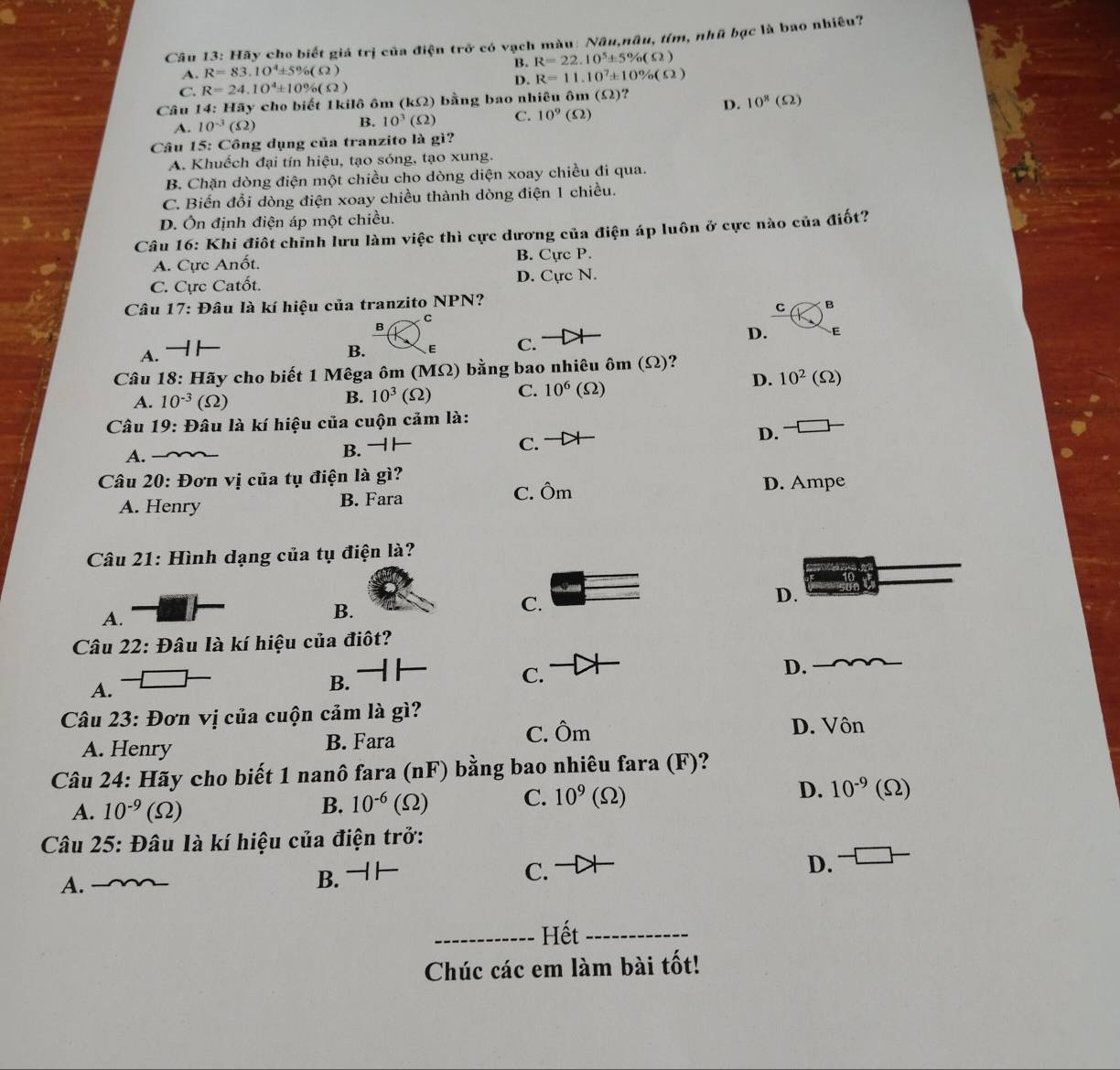 Hãy cho biết giá trị của điện trở có vạch màu: Nâu,nâu, tím, nhũ bạc là bao nhiêu?
A. R=83.10^4± 5% (Omega ) B. R=22.10^5± 5% (Omega )
D. R=11.10^7± 10% (Omega )
C. R=24.10^4± 10% (Omega )
Câu 14: Hãy cho biết 1kilô ôm (kOmega ) b ng bao nhiêu ôm (Omega ) ?
D. 10^8(Omega )
A. 10^(-3)(Omega )
B. 10^3(Omega ) C. 10^9(Omega )
Câu 15: Công dụng của tranzito là gì?
A. Khuếch đại tín hiệu, tạo sóng, tạo xung.
B. Chặn dòng điện một chiều cho dòng diện xoay chiều đi qua.
C. Biến đổi dòng điện xoay chiều thành dòng điện 1 chiều.
D. Ôn định điện áp một chiều.
Câu 16: Khi điôt chỉnh lưu làm việc thì cực dương của điện áp luôn ở cực nào của điốt?
A. Cực Anốt. B. Cực P.
C. Cực Catốt. D. Cực N.
Câu 17 : Đâu là kí hiệu của tranzito NPN?
C B
B C
A.
B. E C. D. E
Câu 18: Hãy cho biết 1 Mêga ôm (MΩ) bằng bao nhiêu ôm (Ω)?
D. 10^2
A. 10^(-3)(Omega )
B. 10^3(Omega ) C. 10^6 (Omega ) (Ω)
Câu 19: Đâu là kí hiệu của cuộn cảm là:
A.
B. - 
C. —
D.
Câu 20: Đơn vị của tụ điện là gì?
A. Henry B. Fara C. Ôm
D. Ampe
Câu 21: Hình dạng của tụ điện là?
D.
A.
B.
C.
Câu 22: Đâu là kí hiệu của điôt?
C.
D.
A.
B.
Câu 23: Đơn vị của cuộn cảm là gì?
A. Henry B. Fara C. hat O m
D. Vôn
Câu 24: Hãy cho biết 1 nanô fara (nF) bằng bao nhiêu fara (F)?
A. 10^(-9)(Omega ) 10^(-6)(Omega ) C. 10^9(Omega D. 10^(-9)(Omega )
B.
Câu 25: Đâu là kí hiệu của điện trở:
A.
B. -H C. 
D.
_Hết_
Chúc các em làm bài tốt!