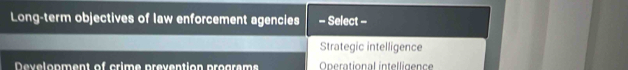 Long-term objectives of law enforcement agencies - Select -
Strategic intelligence
Development of crime prevention programs Operational intelligence