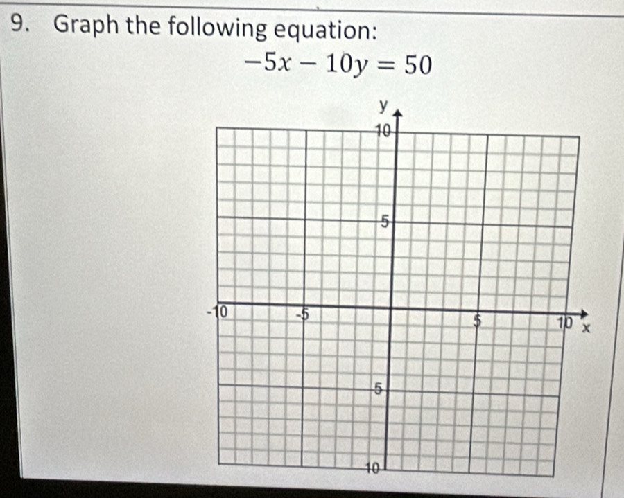 Graph the following equation:
-5x-10y=50