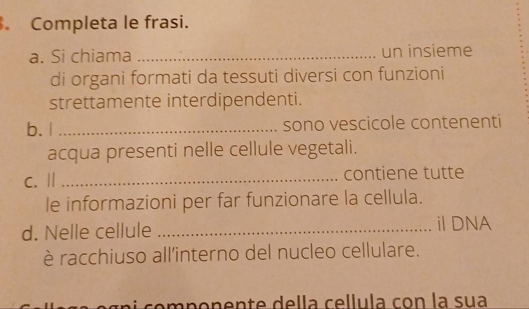 Completa le frasi. 
a. Si chiama _un insieme 
di organi formati da tessuti diversi con funzioni 
strettamente interdipendenti. 
b. l _sono vescicole contenenti 
acqua presenti nelle cellule vegetali. 
c. Ⅱ _contiene tutte 
le informazioni per far funzionare la cellula. 
d. Nelle cellule _ilDNA 
è racchiuso all'interno del nucleo cellulare. 
a ce n o n e l e l la co n l a su a