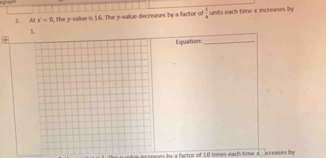 agraph 
2. At x=0 , the y -value is 16. The y -value decreases by a factor of  1/4  units each time x increases by
1. 
Equation:_ 
a value increases by a factor of 10 times each time xicreases by