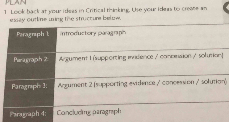 PLAN 
1 Look back at your ideas in Critical thinking. Use your ideas to create an 
essay outline using the structure below. 
)