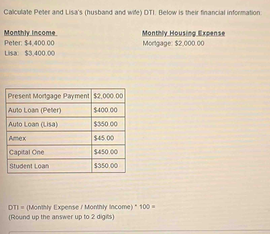 Calculate Peter and Lisa's (husband and wife) DTI. Below is their financial information: 
Monthly Income Monthly Housing Expense 
Peter: $4,400.00 Mortgage: $2,000.00
Lisa: $3,400.00
DTI= (Monthly Expense / Monthly Income) * 100=
(Round up the answer up to 2 digits)