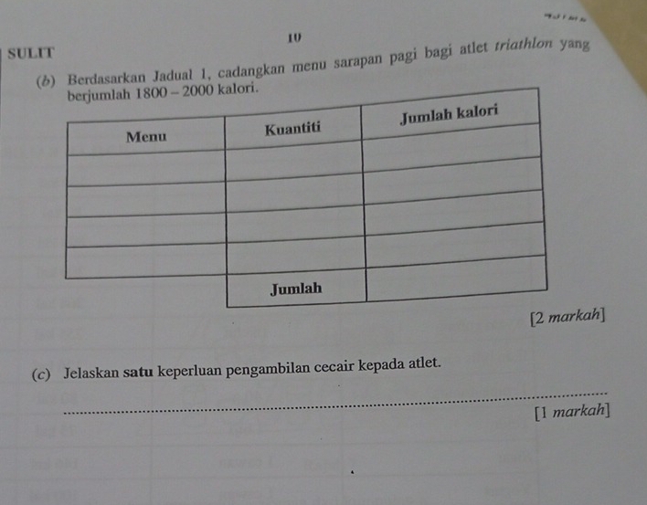 SULIT 
(6) Berdasarkan Jadual 1, cadangkan menu sarapan pagi bagi atlet tridthlon yang 
ah] 
(c) Jelaskan satu keperluan pengambilan cecair kepada atlet. 
_ 
[1 markah]