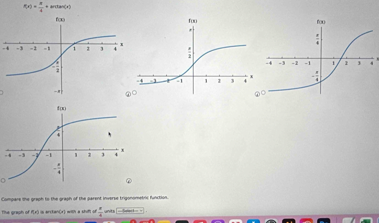 f(x)= π /4 +arctan (x)
-4
x
。
Compare the graph to the graph of the parent inverse trigonometric function.
The graph of f(x) is arctan(x) with a shift of  π /4  units ===Select==