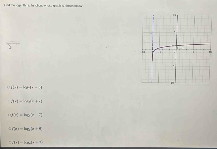 Find the logarithmic function, whose graph is shown below:
f(x)=log _7(x-6)
f(x)=log _7(x+7)
f(x)=log _6(x-7)
f(x)=log _7(x+6)
f(x)=log _6(x+7)