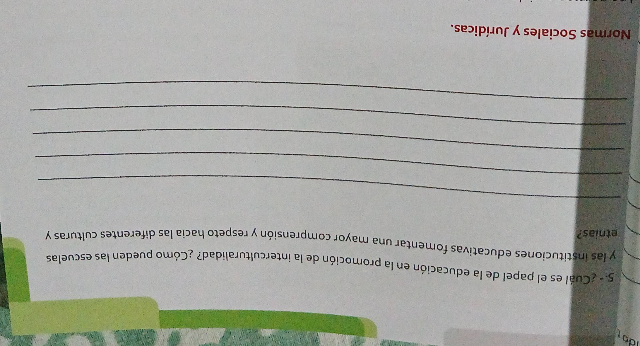 Idot 
5 - ¿Cuál es el papel de la educación en la promoción de la interculturalidad? ¿Cómo pueden las escuelas 
y las instituciones educativas fomentar una mayor comprensión y respeto hacia las diferentes culturas y 
etnias? 
_ 
_ 
_ 
_ 
_ 
Normas Sociales y Jurídicas.