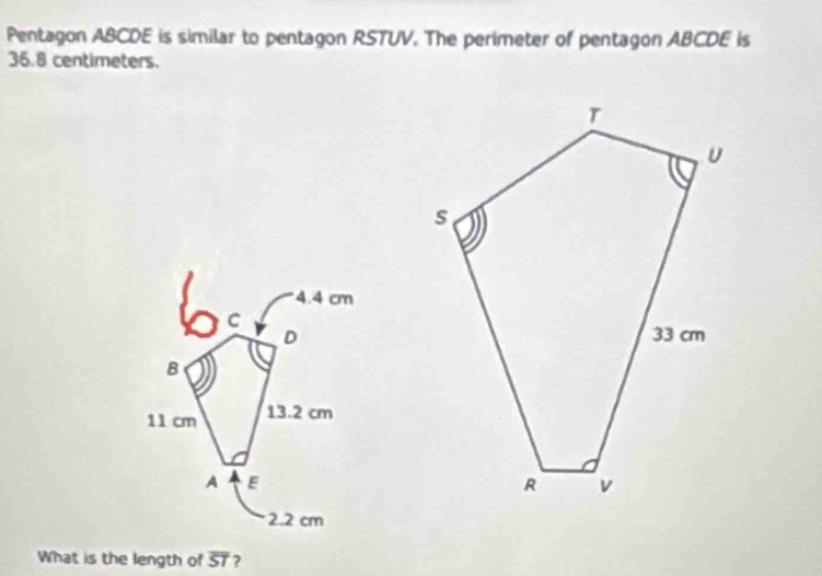 Solved: Pentagon ABCDE is similar to pentagon RSTUV. The perimeter of ...