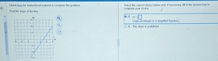 Check here for istractional material to complete this problers. conpl ete your choice Select the correct choice below and, if secsssary, fill in the answer box to
Had the slage of the line
* A. m=□
(Tile an inneger or a simplidied fnaction )
B. The slape is undefived