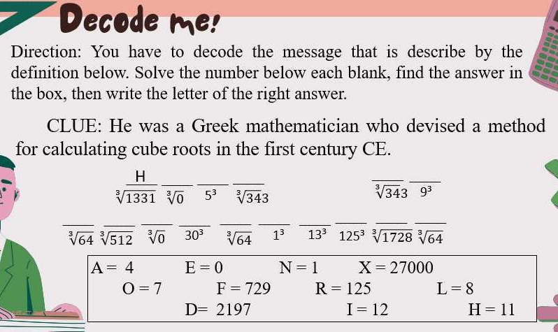 Decode me! 
Direction: You have to decode the message that is describe by the 
definition below. Solve the number below each blank, find the answer in 
the box, then write the letter of the right answer. 
CLUE: He was a Greek mathematician who devised a method 
for calculating cube roots in the first century CE. 
_ 
_ 
_ 
_ x
sqrt[3](1331) sqrt[3](0) 5^3 sqrt[3](34)3
sqrt[3](34)3 9^3
_ 
_ 
_ 
_ 
_ 
_ 
__
sqrt[3](64) sqrt[3](512) sqrt[3](0) 30^3 sqrt[3](64) 1^3 13^3 125^3 sqrt[3](1728) sqrt[3](64)
A=4 E=0 N=1 X=27000
O=7 F=729 R=125 L=8
D=2197
I=12
H=11