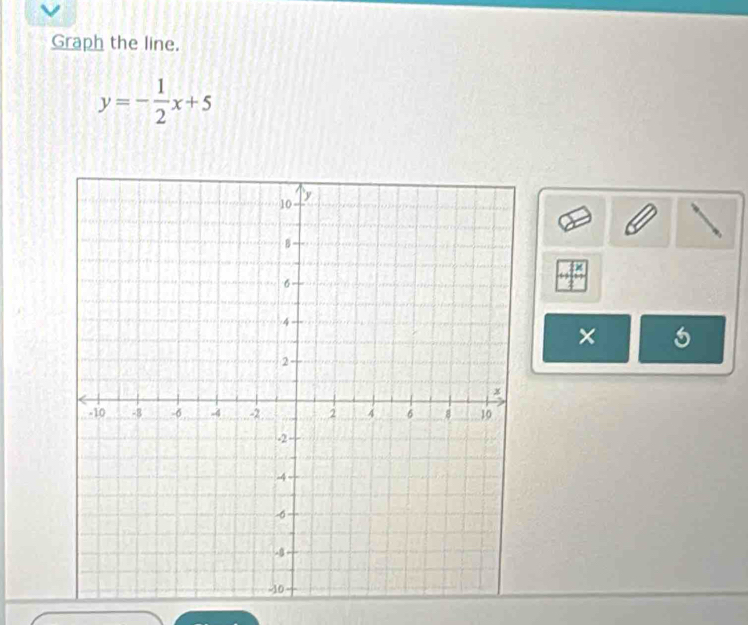 Graph the line.
y=- 1/2 x+5
× 5