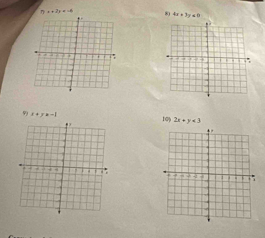 x+2y
8) 4x+3y≤ 0
9) x+y≥ -1 10) 2x+y<3</tex>