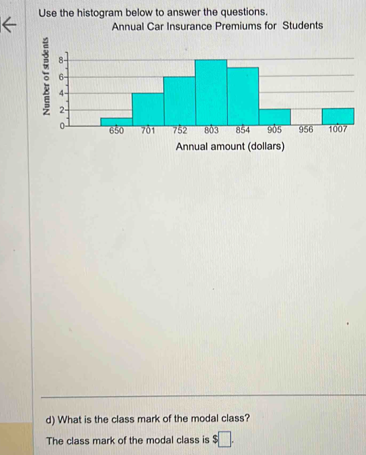 Use the histogram below to answer the questions. 
Annual Car Insurance Premiums for Students 
d) What is the class mark of the modal class? 
The class mark of the modal class is $□.