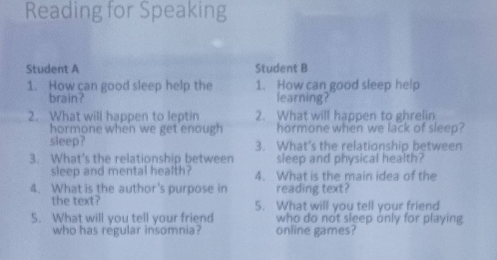 Reading for Speaking 
Student A Student B 
1. How can good sleep help the 1. How can good sleep help 
brain? learning? 
2. What will happen to leptin 2. What will happen to ghrelin 
hormone when we get enough hormone when we lack of sleep? 
sleep? 
3. What’s the relationship between 
3. What's the relationship between sleep and physical health? 
sleep and mental health? 
4. What is the main idea of the 
4. What is the author's purpose in reading text? 
the text? 
5. What will you tell your friend 
5. What will you tell your friend who do not sleep only for playing. 
who has regular insomnia? online games?