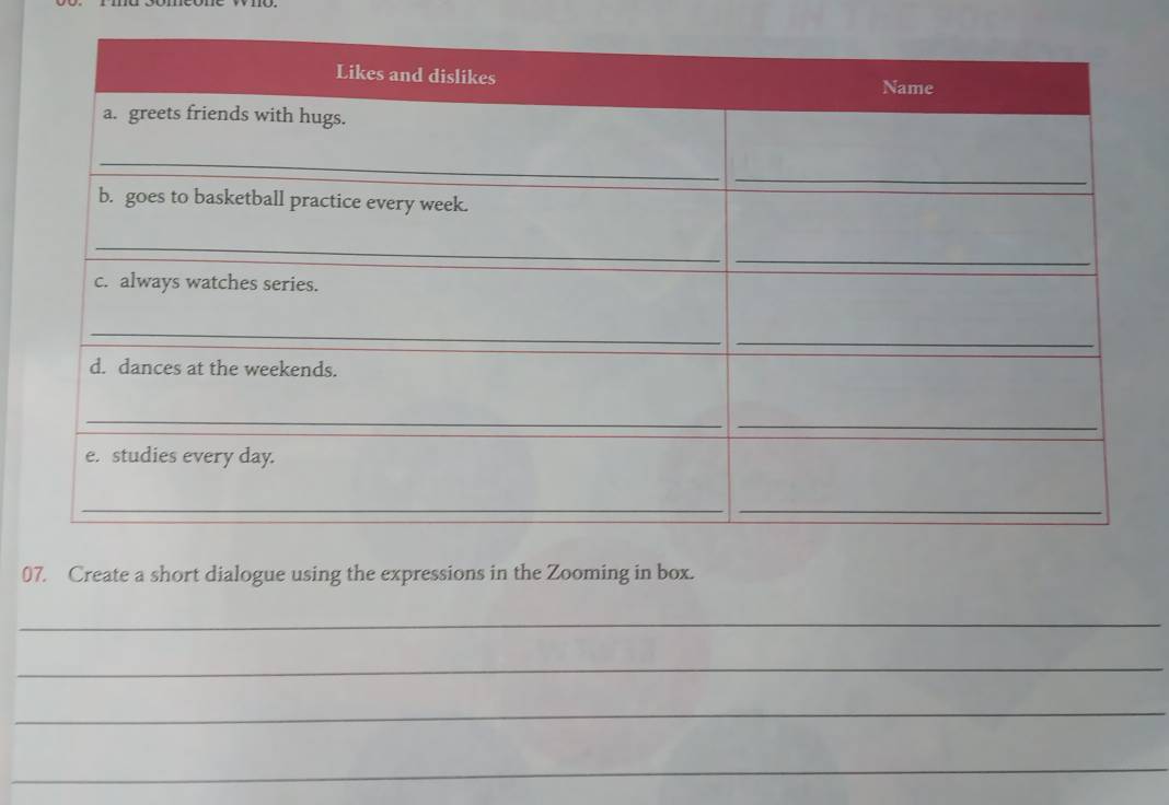 Create a short dialogue using the expressions in the Zooming in box. 
_ 
_ 
_ 
_