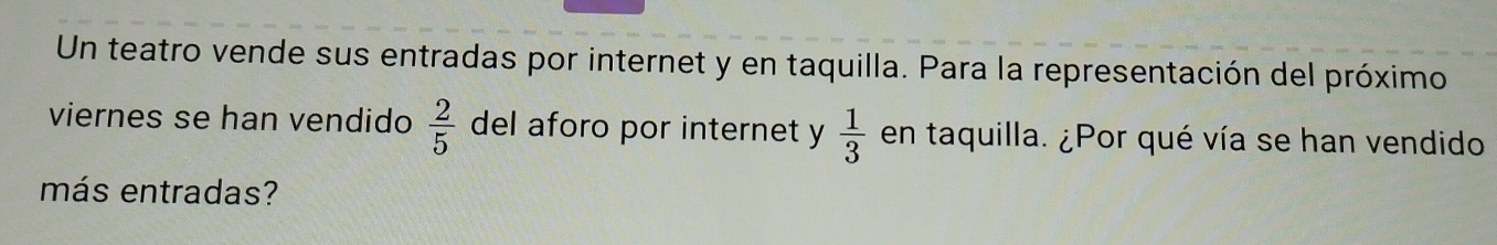 Un teatro vende sus entradas por internet y en taquilla. Para la representación del próximo
 2/5 
viernes se han vendido del aforo por internet y  1/3  en taquilla. ¿Por qué vía se han vendido 
más entradas?