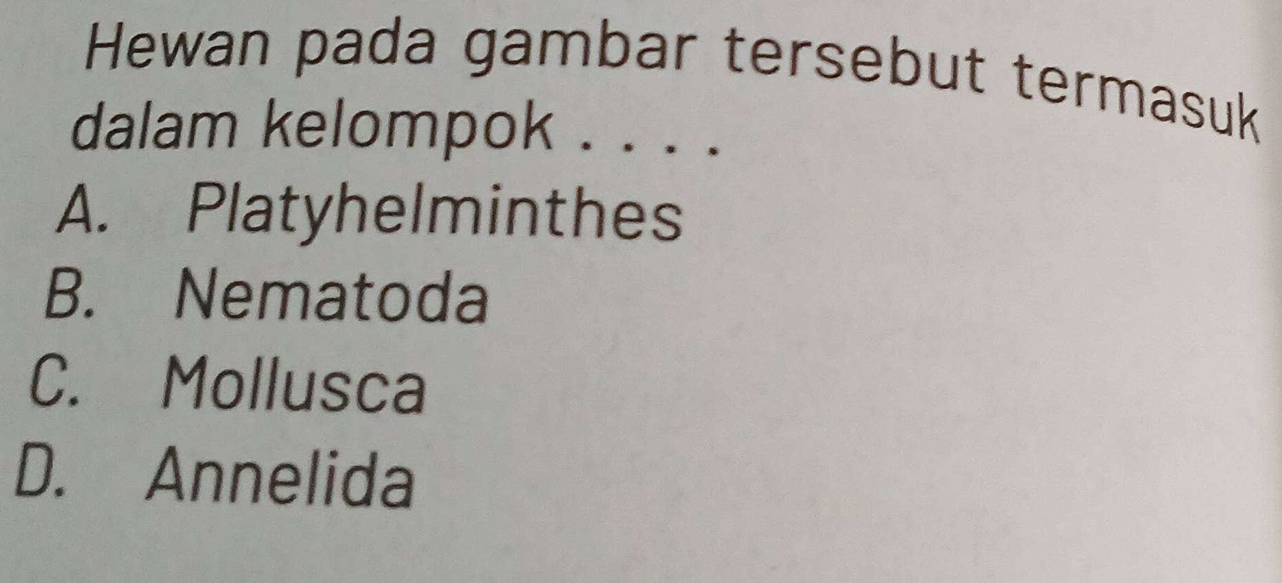 Hewan pada gambar tersebut termasuk
dalam kelompok . . . .
A. Platyhelminthes
B. Nematoda
C. Mollusca
D. Annelida