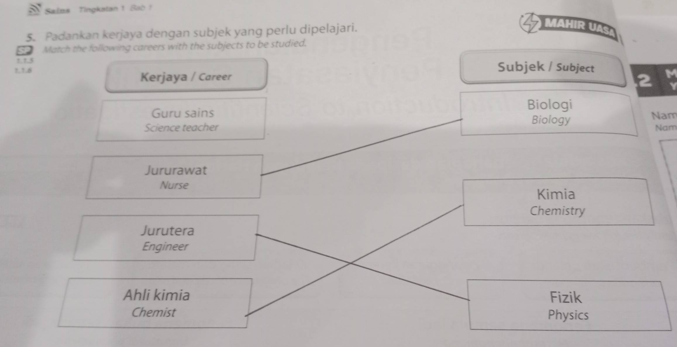 Sains Tingkatan 1 Sab ! 
5. Padankan kerjaya dengan subjek yang perlu dipelajari. 
MAHIR UAS 
Match the following careers with the subjects to be studied. 
7.1.5 Subjek / Subject 
1.1.6 
Kerjaya / Career 
Guru sains 
Biologi 
Biology Nam 
Science teacher Nam 
Jururawat 
Nurse 
Kimia 
Chemistry 
Jurutera 
Engineer 
Ahli kimia Fizik 
Chemist 
Physics