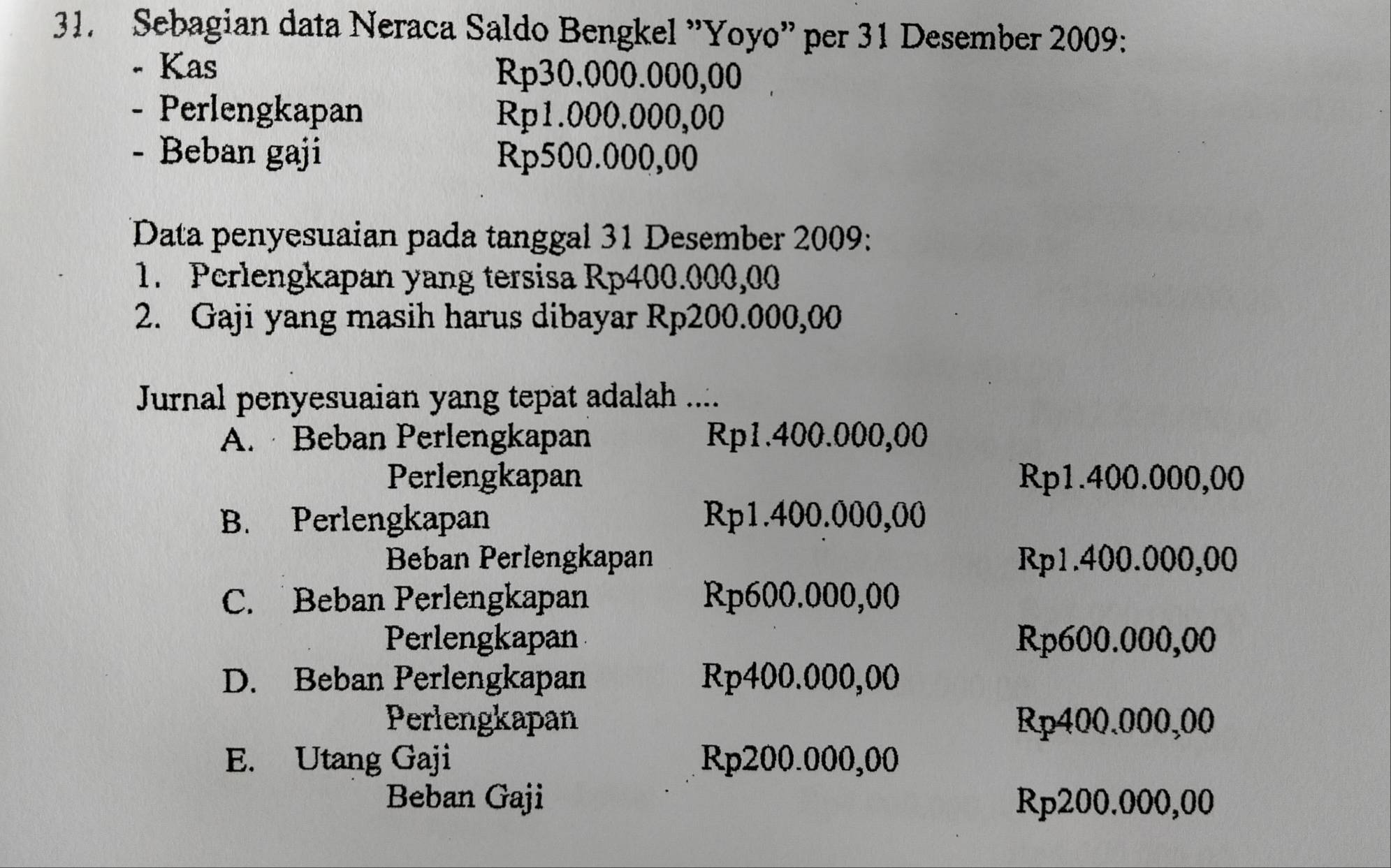 Sebagian data Neraca Saldo Bengkel "Yoyo” per 31 Desember 2009:
- Kas Rp30.000.000,00
- Perlengkapan Rp1.000.000,00
- Beban gaji Rp500.000,00
Data penyesuaian pada tanggal 31 Desember 2009:
1. Perlengkapan yang tersisa Rp400.000,00
2. Gaji yang masih harus dibayar Rp200.000,00
Jurnal penyesuaian yang tepat adalah ....
A. Beban Perlengkapan Rp1.400.000,00
Perlengkapan Rp1.400.000,00
B. Perlengkapan Rp1.400.000,00
Beban Perlengkapan Rp1.400.000,00
C. Beban Perlengkapan Rp600.000,00
Perlengkapan Rp600.000,00
D. Beban Perlengkapan Rp400.000,00
Perlengkapan Rp400.000,00
E. Utang Gaji Rp200.000,00
Beban Gaji Rp200.000,00