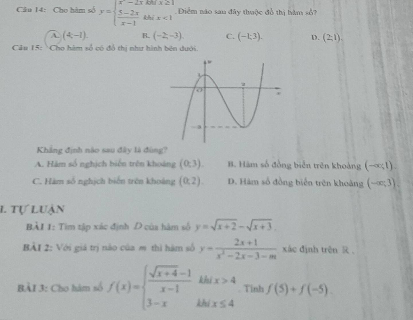 Cho hàm số y=beginarrayl x^2-2x  (5-2x)/x-1 khix<1endarray. Điểm nào sau đây thuộc đồ thị hàm số?
A (4;-1).
B. (-2,-3). C. (-1;3). D. (2:1). 
Câu 15: 'Cho hàm số có đồ thị như hình bên dưới.
Khẳng định nào sau đây là đùng?
A. Hàm số nghịch biến trên khoảng (0,3). B. Hàm số đồng biển trên khoảng (-∈fty ,1).
C. Hàm số nghịch biến trên khoảng (0,2). D. Hàm số đồng biến trên khoảng (-∈fty ;3). 
l tự luận
BẢÀI 1: Tim tập xác định D của hàm số y=sqrt(x+2)-sqrt(x+3). 
BẢI 2: Với giá trị nào của m thì hàm số y= (2x+1)/x^2-2x-3-m  xác định trên R ,
BÀI 3: Cho hàm số f(x)=beginarrayl  (sqrt(x+4)-1)/x-1 khix>4 3-xkhix≤ 4endarray. Tinh f(5)+f(-5).