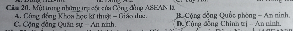 Một trong những trụ cột của Cộng đồng ASEAN là
A. Cộng đồng Khoa học kĩ thuật - Giáo dục. B. Cộng đồng Quốc phòng - An ninh.
C. Cộng đồng Quân sự - An ninh. D. Cộng đồng Chính trị - An ninh.