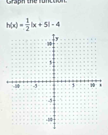 Graph the function.
h(x)= 1/2 |x+5|-4