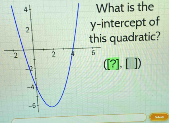 What is the 
tercept of 
quadratic?
([?],[])
Submit