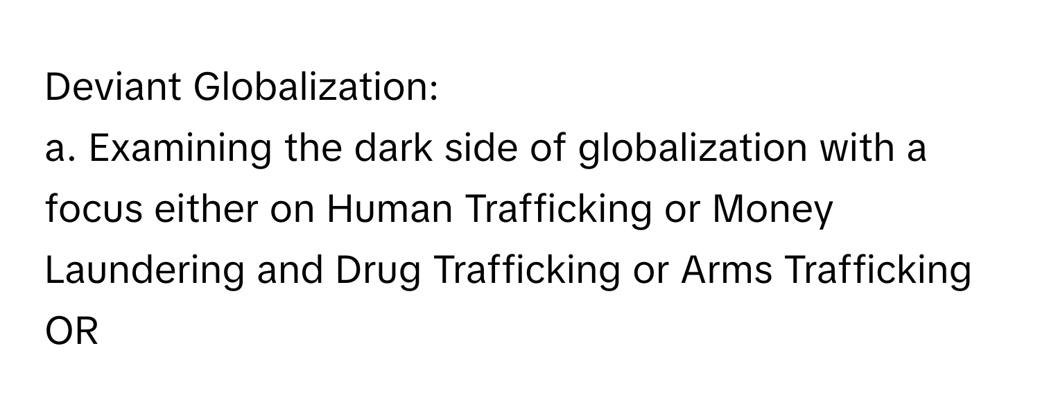 Deviant Globalization:

a. Examining the dark side of globalization with a focus either on Human Trafficking or Money Laundering and Drug Trafficking or Arms Trafficking OR