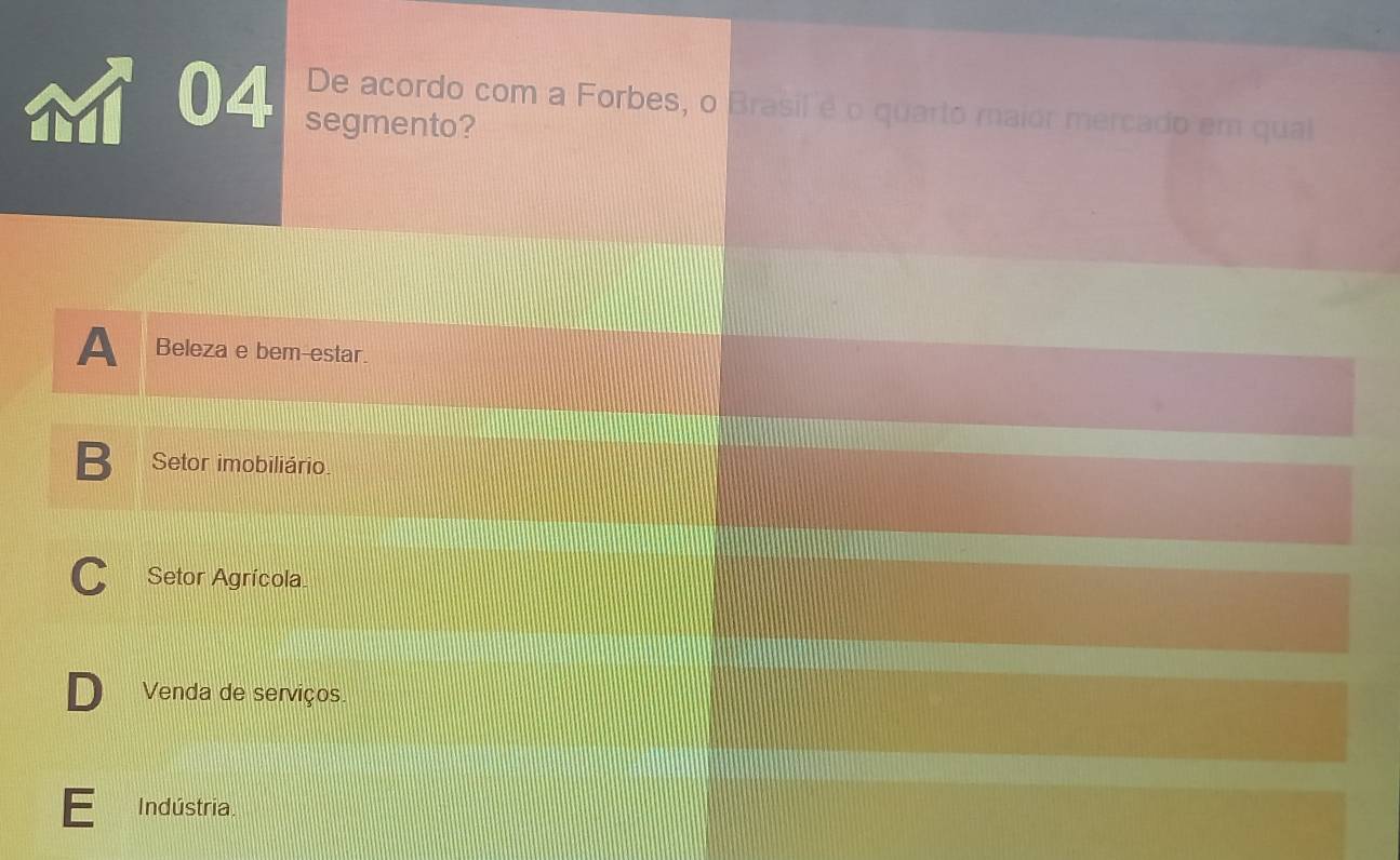 De acordo com a Forbes, o Brasil é o quarto maior mercado em qual
04 segmento?
A Beleza e bem-estar.
B Setor imobiliário
C Setor Agrícola.
Venda de serviços.
E Indústria.