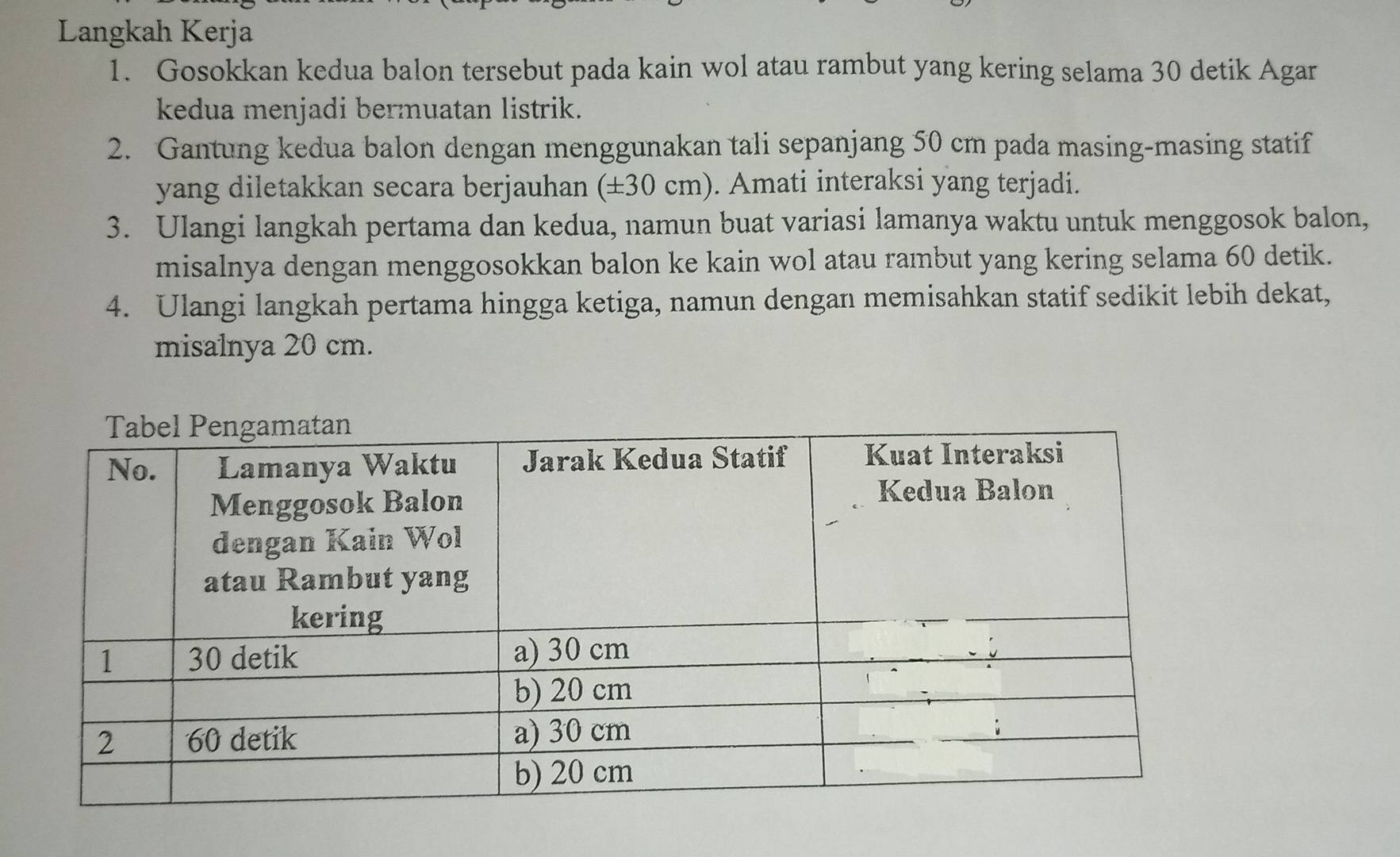 Langkah Kerja 
1. Gosokkan kedua balon tersebut pada kain wol atau rambut yang kering selama 30 detik Agar 
kedua menjadi bermuatan listrik. 
2. Gantung kedua balon dengan menggunakan tali sepanjang 50 cm pada masing-masing statif 
yang diletakkan secara berjauhan (± 30cm) ). Amati interaksi yang terjadi. 
3. Ulangi langkah pertama dan kedua, namun buat variasi lamanya waktu untuk menggosok balon, 
misalnya dengan menggosokkan balon ke kain wol atau rambut yang kering selama 60 detik. 
4. Ulangi langkah pertama hingga ketiga, namun dengan memisahkan statif sedikit lebih dekat, 
misalnya 20 cm.