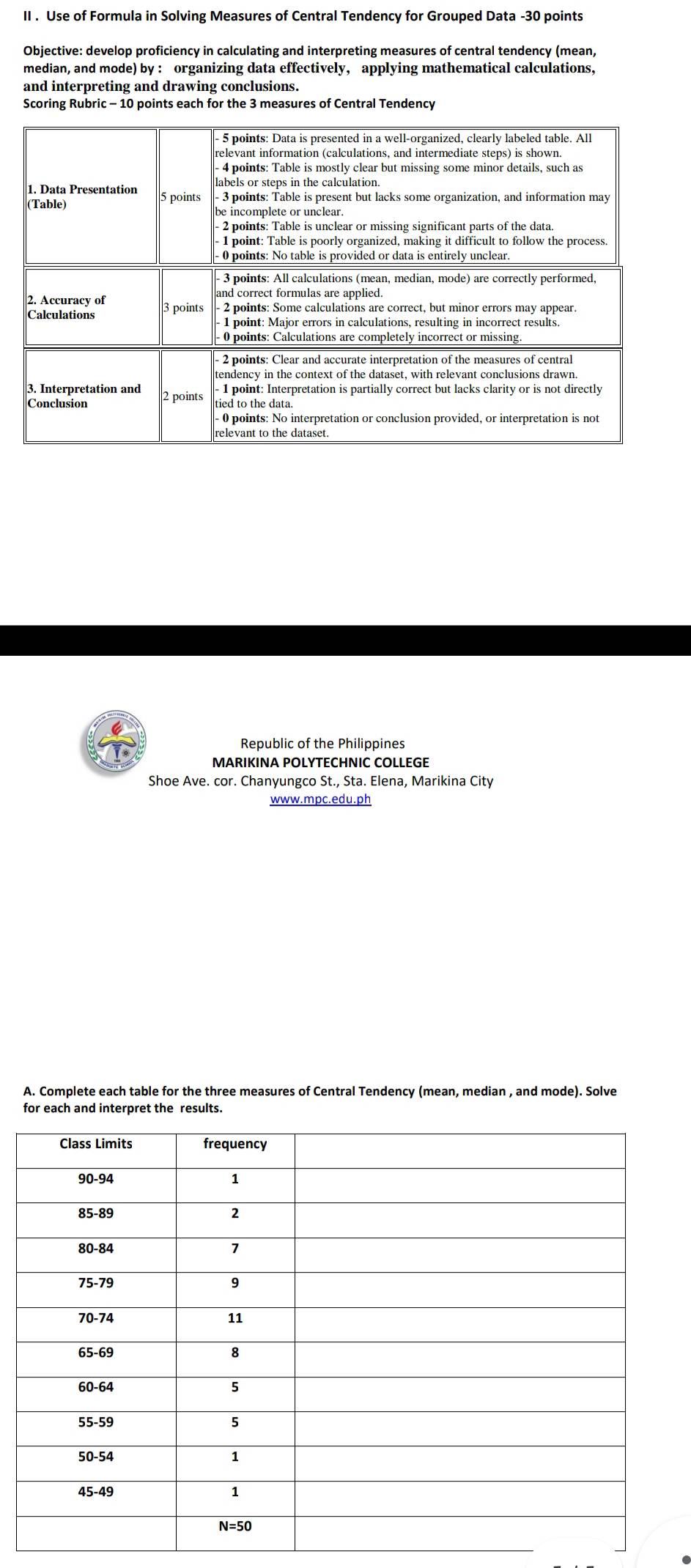 II . Use of Formula in Solving Measures of Central Tendency for Grouped Data -30 points 
Objective: develop proficiency in calculating and interpreting measures of central tendency (mean, 
median, and mode) by : organizing data effectively. applying mathematical calculations. 
and interpreting and drawing conclusions. 
Scoring Rubric - 10 points each for the 3 measures of Central Tendency 
Republic of the Philippines 
MARIKINA POLYTECHNIC COLLEGE 
Shoe Ave. cor. Chanyungco St., Sta. Elena, Marikina City 
www.mpc.edu.ph 
A. Complete each table for the three measures of Central Tendency (mean, median , and mode). Solve 
for each and interpret the results.