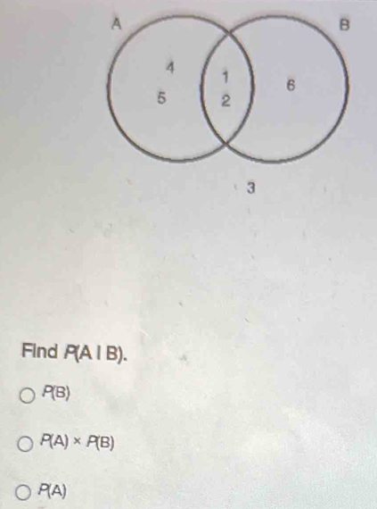 Find P(A|B).
P(B)
P(A)* P(B)
P(A)