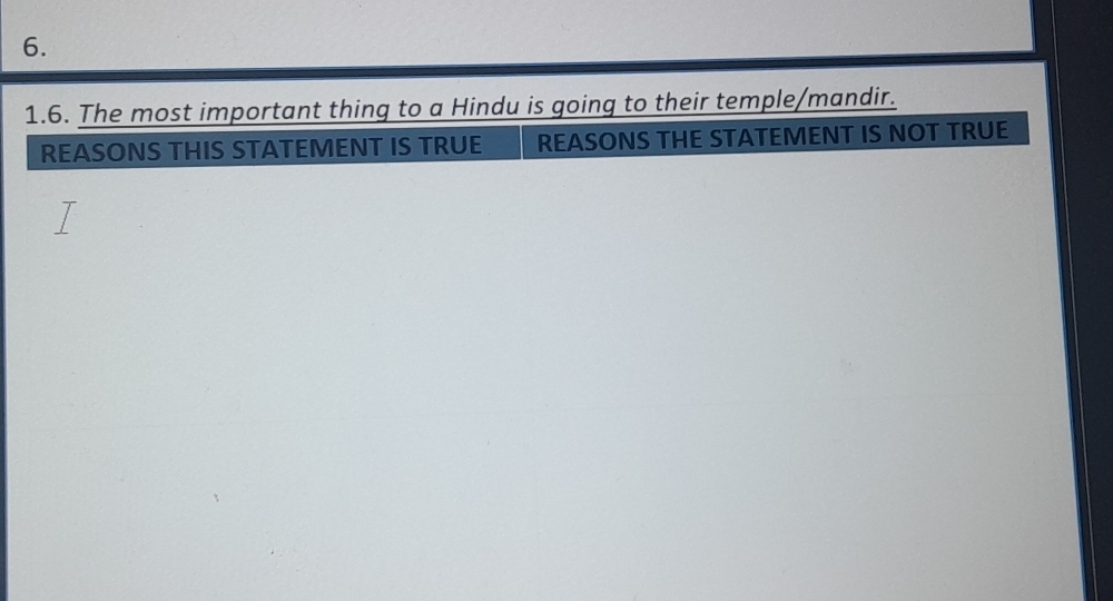 The most important thing to a Hindu is going to their temple/mandir. 
REASONS THIS STATEMENT IS TRUE REASONS THE STATEMENT IS NOT TRUE