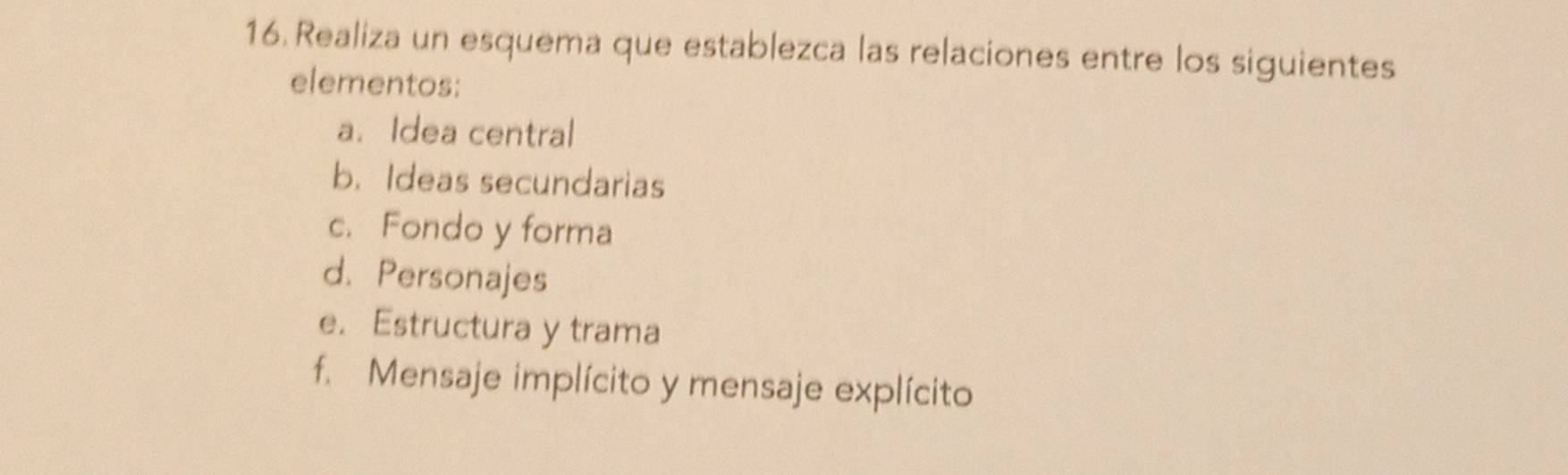 Realiza un esquema que establezca las relaciones entre los siguientes 
elementos: 
a. Idea central 
b. Ideas secundarias 
c. Fondo y forma 
d. Personajes 
e. Estructura y trama 
f. Mensaje implícito y mensaje explícito