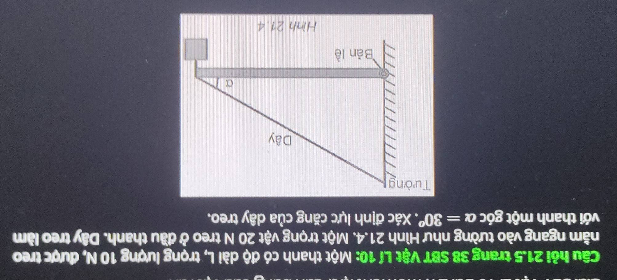 Câu hỏi 21.5 trang 38 SBT Vật Lí 10: Một thanh có độ dài L, trọng lượng 10 N, được treo 
nằm ngang vào tường như Hình 21.4. Một trọng vật 20 N treo ở đầu thanh. Dây treo làm 
với thanh một góc alpha =30° *. Xác định lực căng của dây treo.