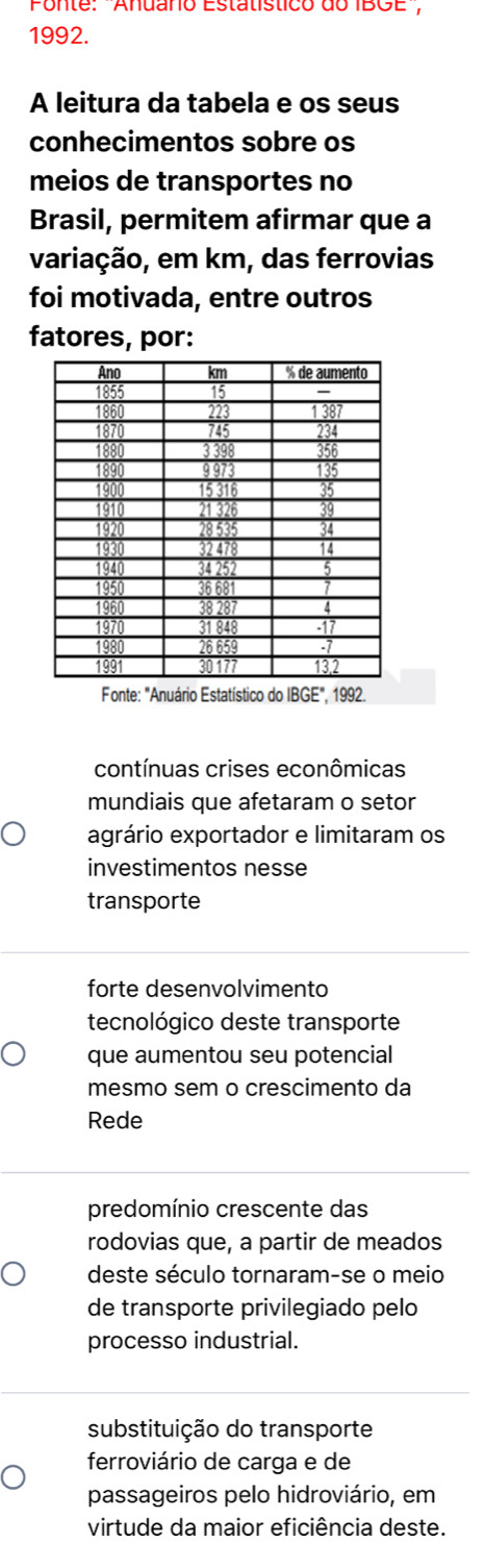 Ponte: Anuaño Estatistico do IBCE,
1992.
A leitura da tabela e os seus
conhecimentos sobre os
meios de transportes no
Brasil, permitem afirmar que a
variação, em km, das ferrovias
foi motivada, entre outros
fatores, por:
Fonte: "Anuário Estatístico do IBGE", 1992.
contínuas crises econômicas
mundiais que afetaram o setor
agrário exportador e limitaram os
investimentos nesse
transporte
forte desenvolvimento
tecnológico deste transporte
que aumentou seu potencial
mesmo sem o crescimento da
Rede
predomínio crescente das
rodovias que, a partir de meados
deste século tornaram-se o meio
de transporte privilegiado pelo
processo industrial.
substituição do transporte
ferroviário de carga e de
passageiros pelo hidroviário, em
virtude da maior eficiência deste.