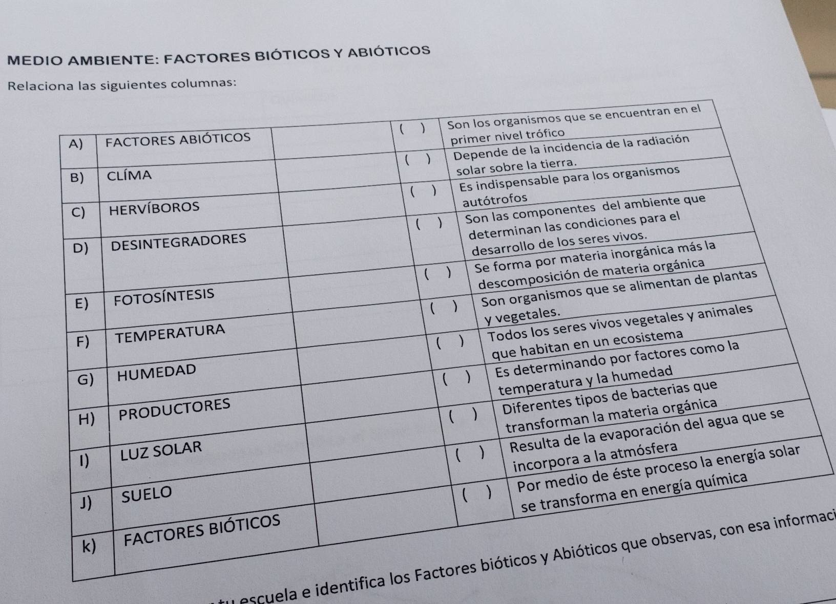 MEDIO AMBIENTE: FACTORES BIÓTICOS Y ABIÓTICOS 
Relaciona las siguientes columnas: 
escuela e identifica losmad