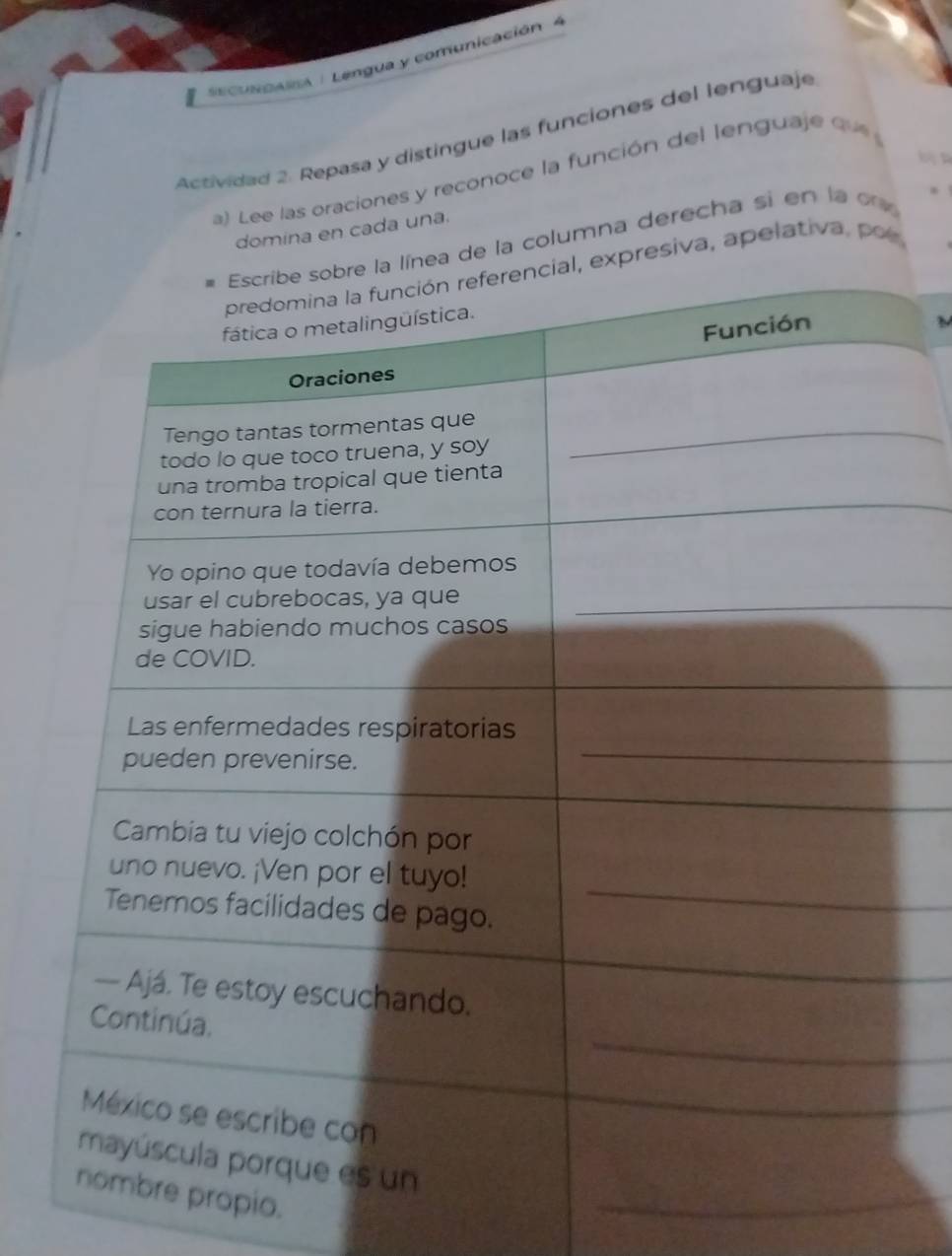 SECUNCASEA : Lengua y comunicación 4 
Actividad 2. Repasa y distingue las funciones del lenguaje 

a) Lee las oraciones y reconoce la función del lenguaje q 
domina en cada una. 
nea de la columna derecha si en la o 
expresiva, apelativa po 
_ 
_ 
pio. 
_