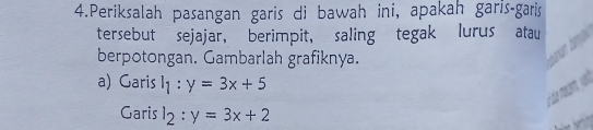 Periksalah pasangan garis di bawah ini, apakah garis-garis
tersebut sejajar, berimpit, saling tegak lurus atau
berpotongan. Gambarlah grafiknya.
a) Garis l_1:y=3x+5
i de meam 
Garis l_2:y=3x+2